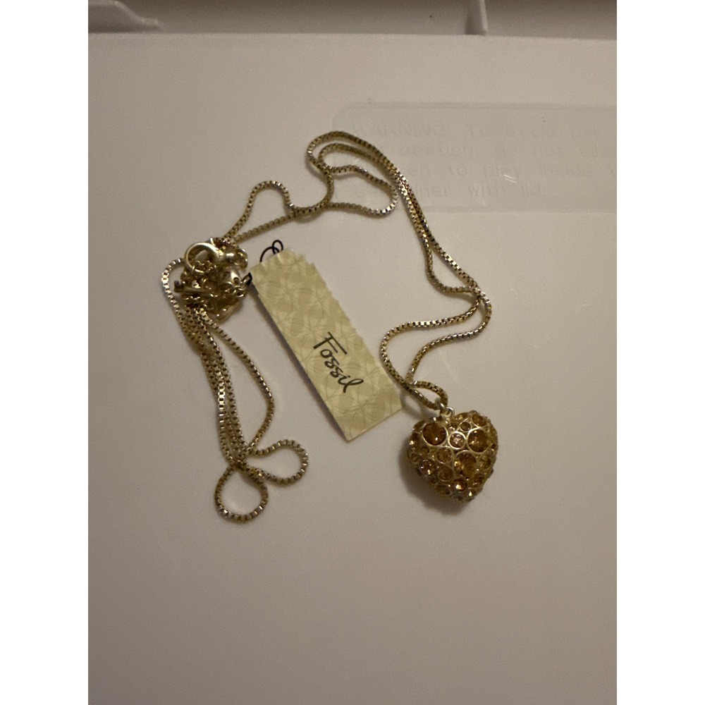 Fossil Gold Tone Puffed Heart‎ Crystal Filigree Box Chain Necklace NWT Y2K